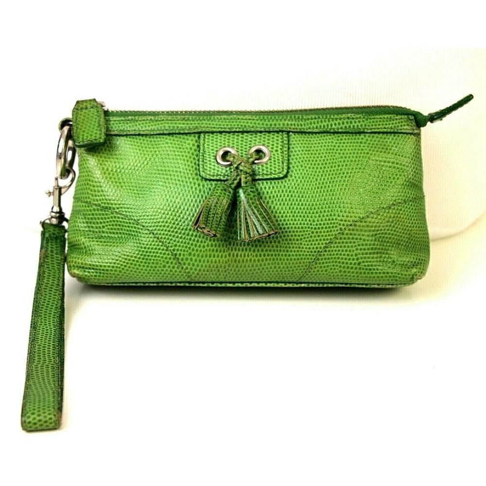 Isabella Fiore REPTILE EMBOSSED GREEN REAL LEATHER ZIP TASSELS HANDBAG WRISTLET